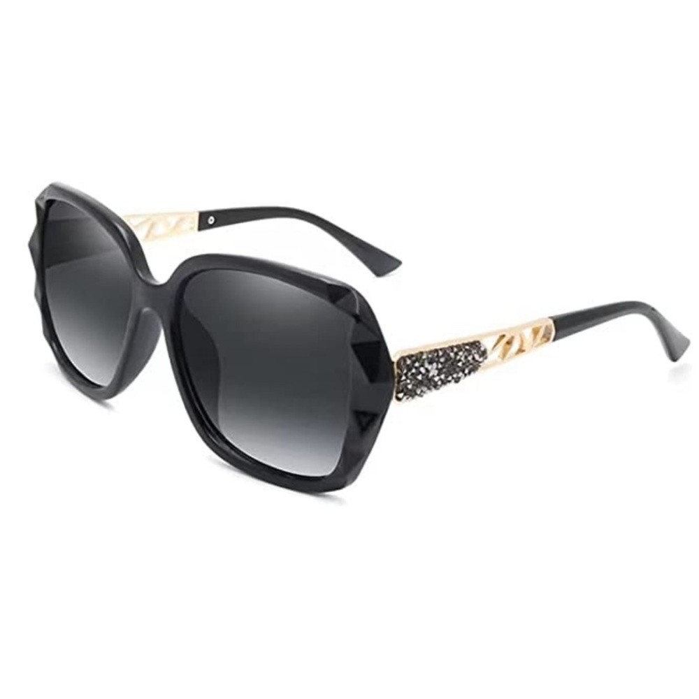 Black & Gold Oversized Square Sunglasses Polarized Tinted w Crystal Frames NWT - Picture 15 of 15